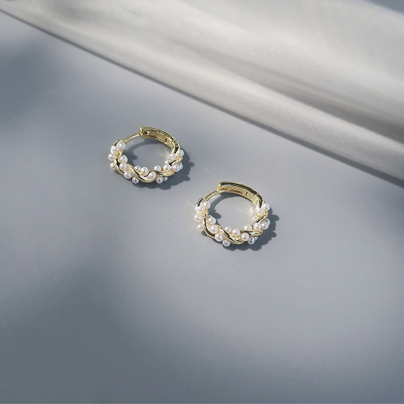 Pendientes de aro de perlas retorcidas | Pendientes de aro de perlas con alfileres de plata de ley para mujer