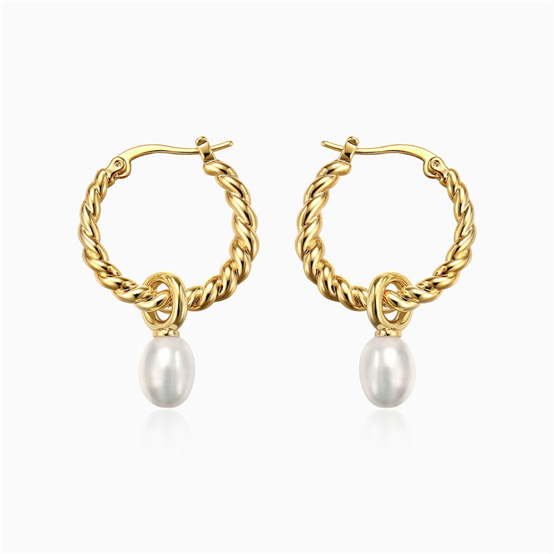 Gold Twist Hoop Earrings | Real Pearl Earrings| Twist Hoop Earrings with Pearl Drop (6-7mm)