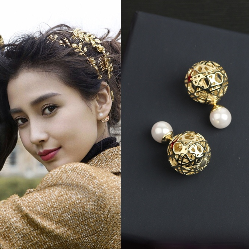 Gold and Silver 2 Sided Stud Earrings Hollow Sphere Pearl Earrings for Women in 14K Gold Over Sterling Silver
