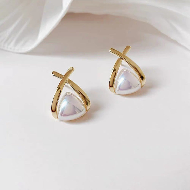 Triangle Pearl Earrings | X Shaped Shell Pearl Moonstone Earrings with Sterling Silver Pins