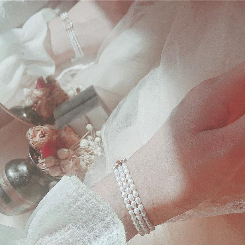 Elegant 3 Strands Pearl Bracelet AAAA Cultured Real Pearl Multi Strand Bracelet in 14K Gold Over Sterling Silver