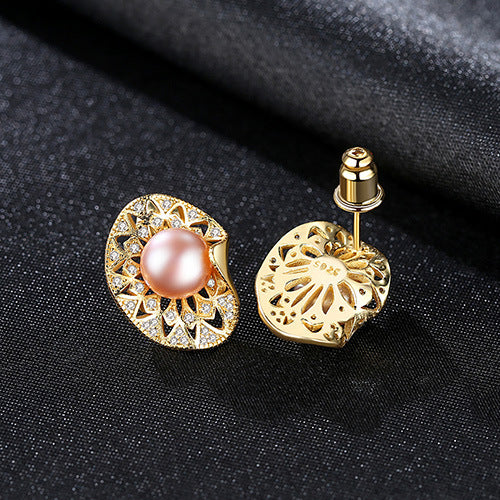African Style Elegant Pearl and Diamond Stud Earrings in 14K Gold Over Sterling Silver(8-9mm)