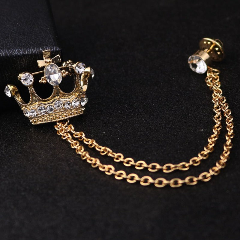 Gold and Silver Crown Brooch Chain for Men Retro Style Collar Brooch Pin