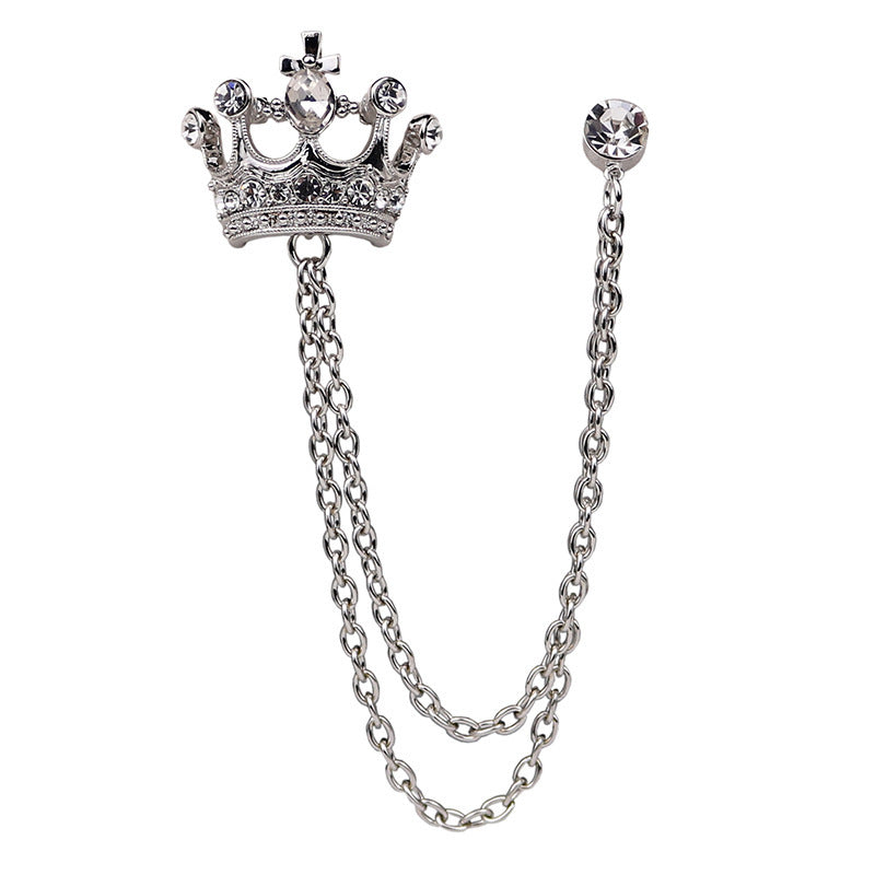 Gold and Silver Crown Brooch Chain for Men Retro Style Collar Brooch Pin