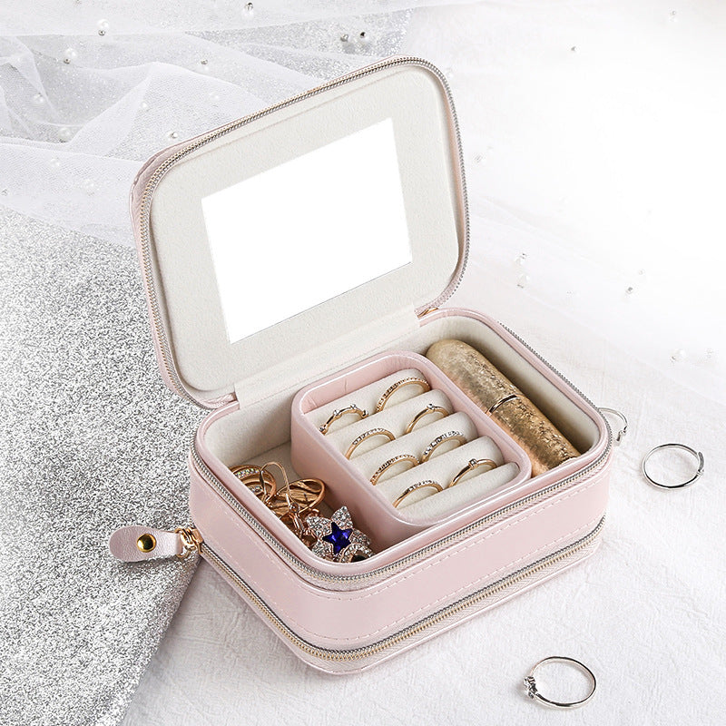 Double-layer Mini stud earrings rings Jewelry Box Useful Makeup Organizer With Zipper Travel Portable Jewelry PU Box