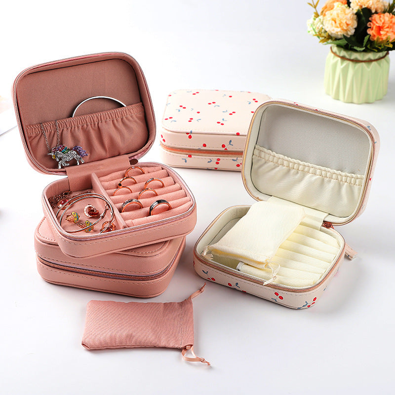 Double-layer Mini stud earrings rings Jewelry Box Useful Makeup Organizer With Zipper Travel Portable Jewelry PU Box