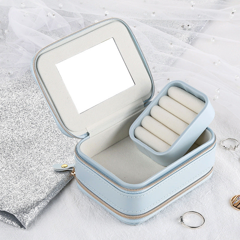 Double-layer Mini stud earrings rings Jewelry Box Useful Makeup Organizer With Zipper Travel Portable Jewelry PU Box