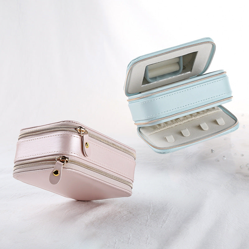 Double-layer Mini stud earrings rings Jewelry Box Useful Makeup Organizer With Zipper Travel Portable Jewelry PU Box