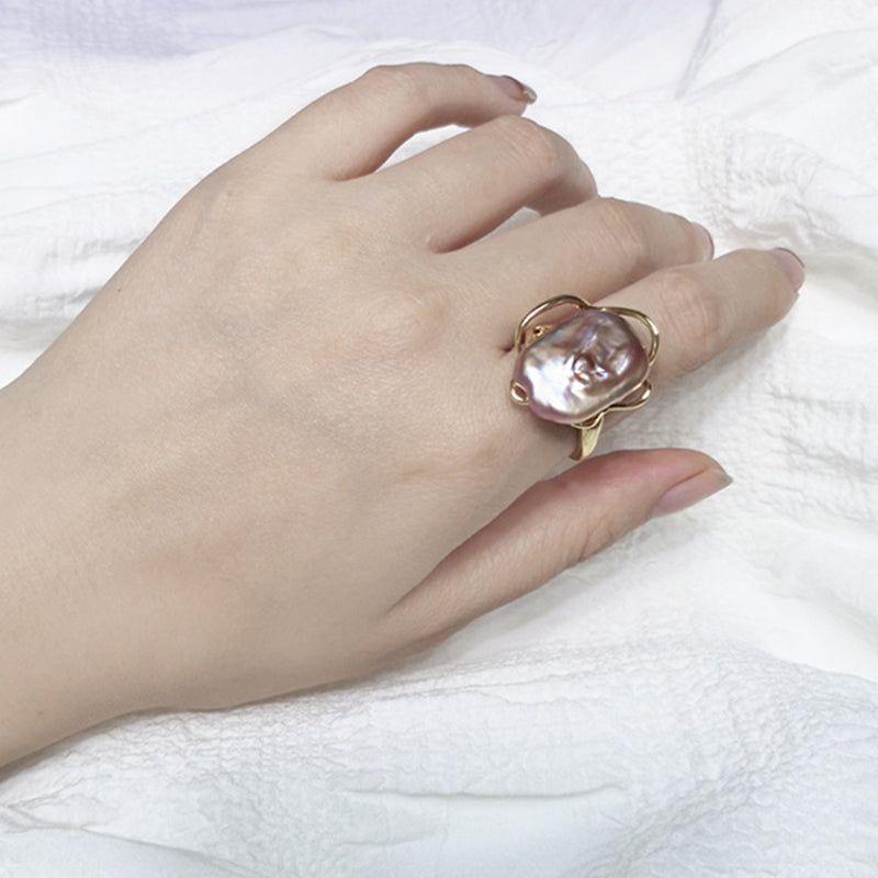 Large Freshwater Baroque Pearl Ring | Gold Silver Real Pearl Open Ring Adjustable Rings (15-20mm)