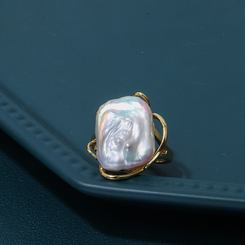 Large Freshwater Baroque Pearl Ring | Gold Silver Real Pearl Open Ring Adjustable Rings (15-20mm)