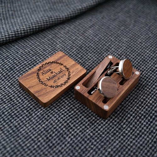 Black Walnut Cufflink Tie Clip Set Box Can be Customized
