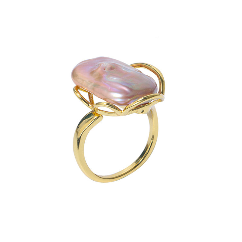 Large Freshwater Baroque Pearl Ring | Gold Silver Real Pearl Open Ring Adjustable Rings (15-20mm)