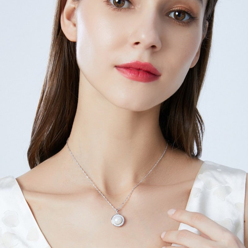Real Pearl Pendant Freshwater Pearl and Diamond Pendant Necklace with 925 Silver Chain