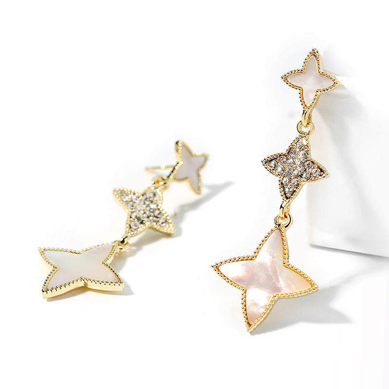 Stars Shape Mother of Pearl Stud Earrings in 14K Gold and Crystal