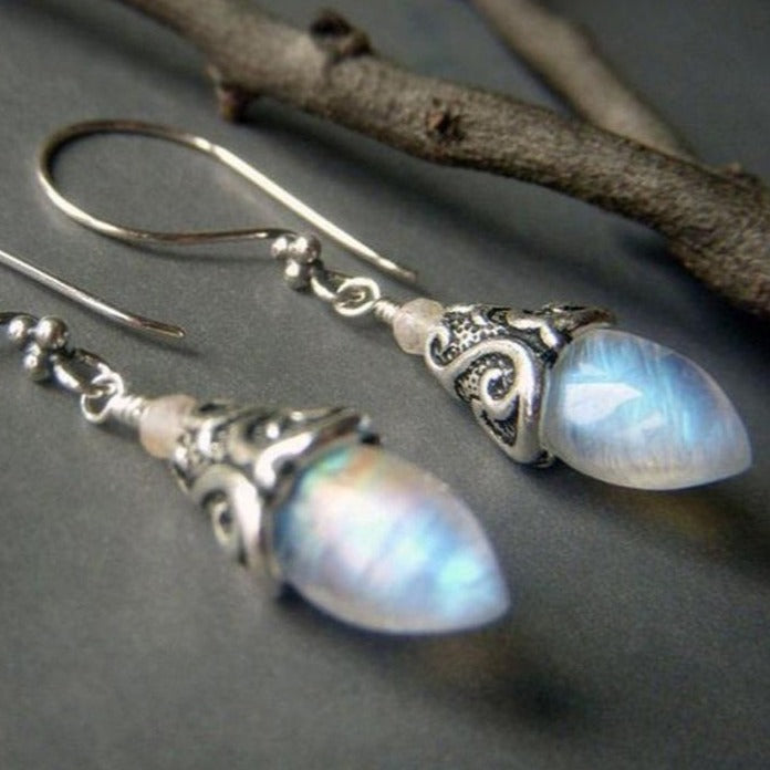Moonstone Dangle Earrings with Pure Silver Hook Royal Style Blue Gradient Dangle Temperament Earrings