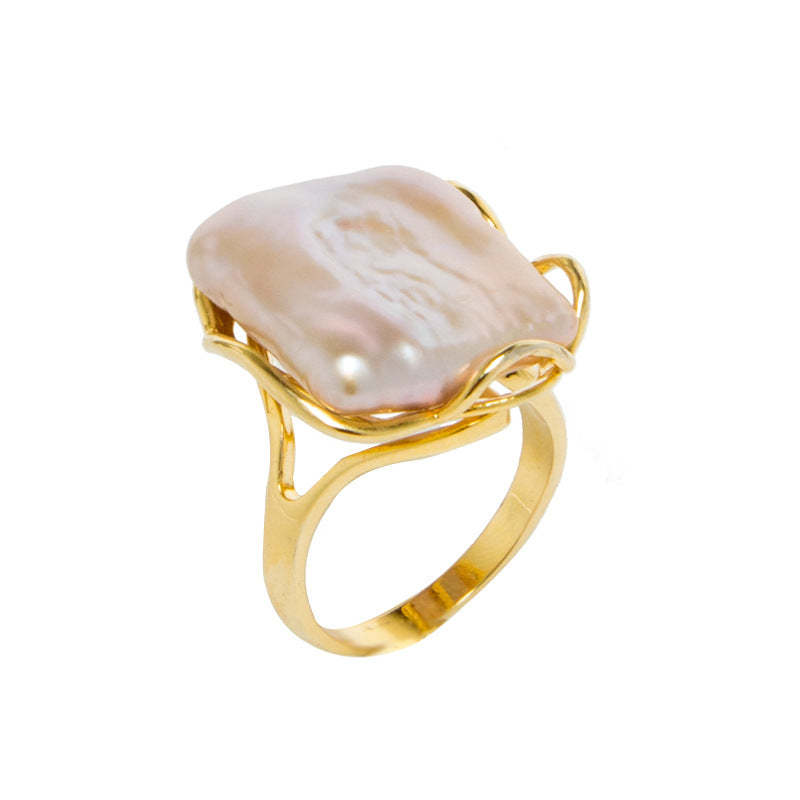 Large Freshwater Baroque Pearl Ring | Gold Silver Real Pearl Open Ring Adjustable Rings (15-20mm)