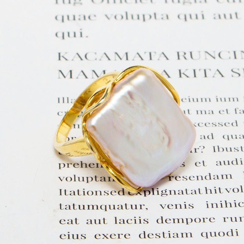Large Freshwater Baroque Pearl Ring | Gold Silver Real Pearl Open Ring Adjustable Rings (15-20mm)