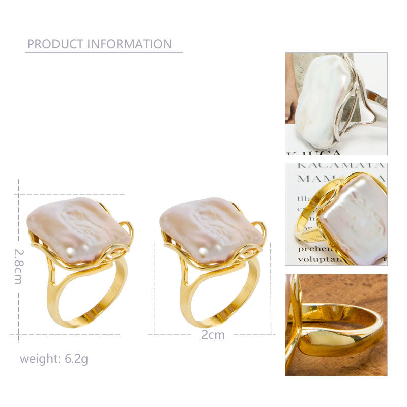 Large Freshwater Baroque Pearl Ring | Gold Silver Real Pearl Open Ring Adjustable Rings (15-20mm)