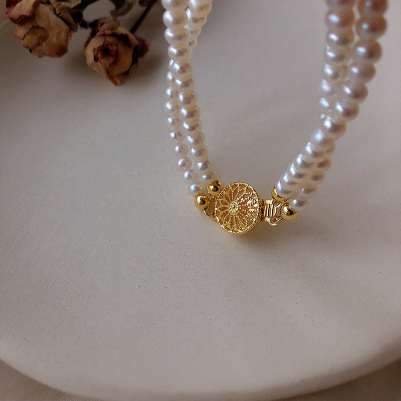 5-6mm White Cultured Pearl Double Strand Bracelet in 14K Gold Over Sterling Silver 7