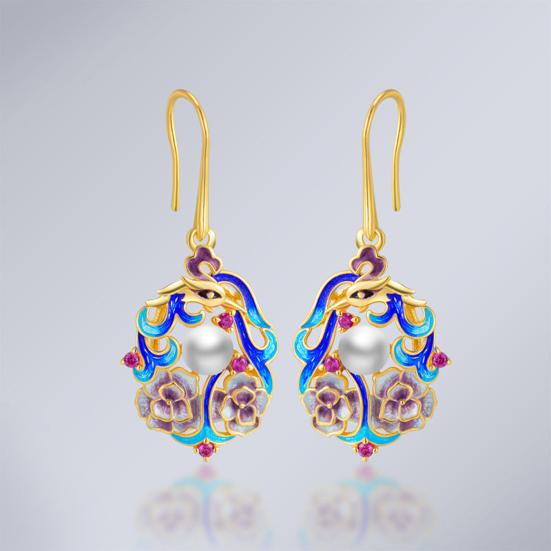 Aretes colgantes de perlas cultivadas de agua dulce estilo Cloisonne en oro de 14 k sobre plata de ley