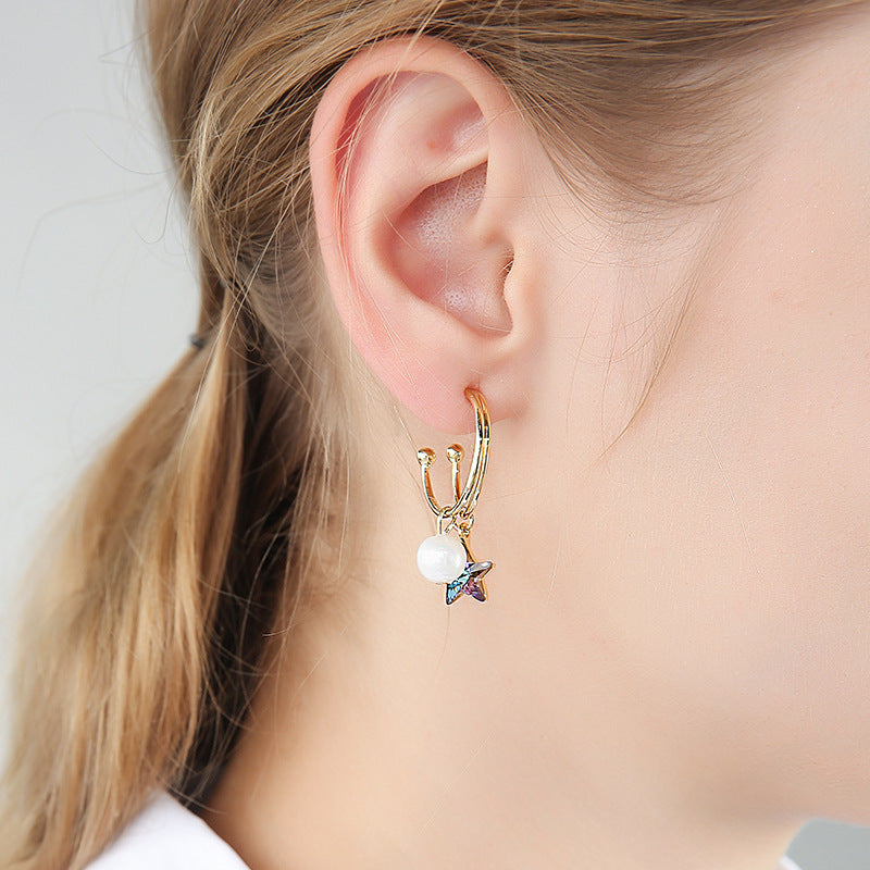 Blue Crystal Pearl Dangle Drop Earrings for Women in 14K Gold Over Sterling Silve