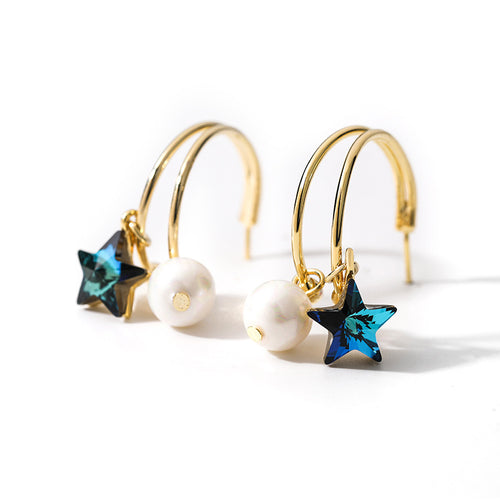 Blue Crystal Pearl Dangle Drop Earrings for Women in 14K Gold Over Sterling Silve