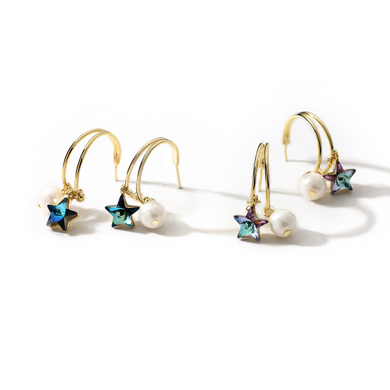 Blue Crystal Pearl Dangle Drop Earrings for Women in 14K Gold Over Sterling Silve