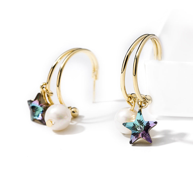 Blue Crystal Pearl Dangle Drop Earrings for Women in 14K Gold Over Sterling Silve
