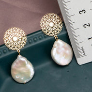 AAA Real Big Baroque Pearl Drop Earrings in 14K Gold Over Sterling Silver(14-15mm)