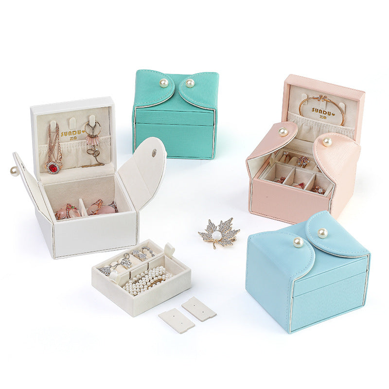 Double-layer Mini stud earrings rings Jewelry Box Useful Makeup Organizer Travel Portable Jewelry PU Box