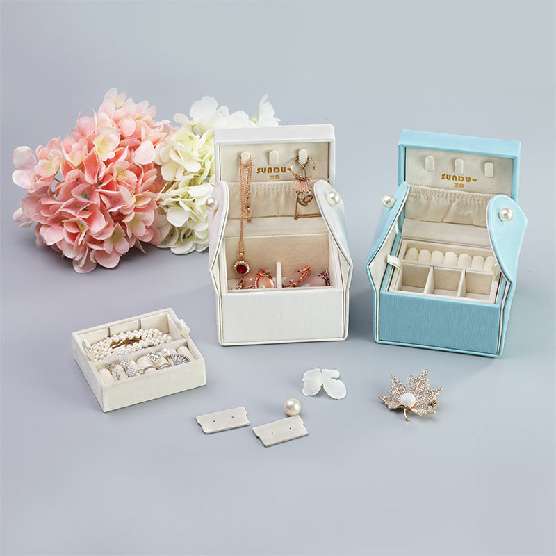 Double-layer Mini stud earrings rings Jewelry Box Useful Makeup Organizer Travel Portable Jewelry PU Box