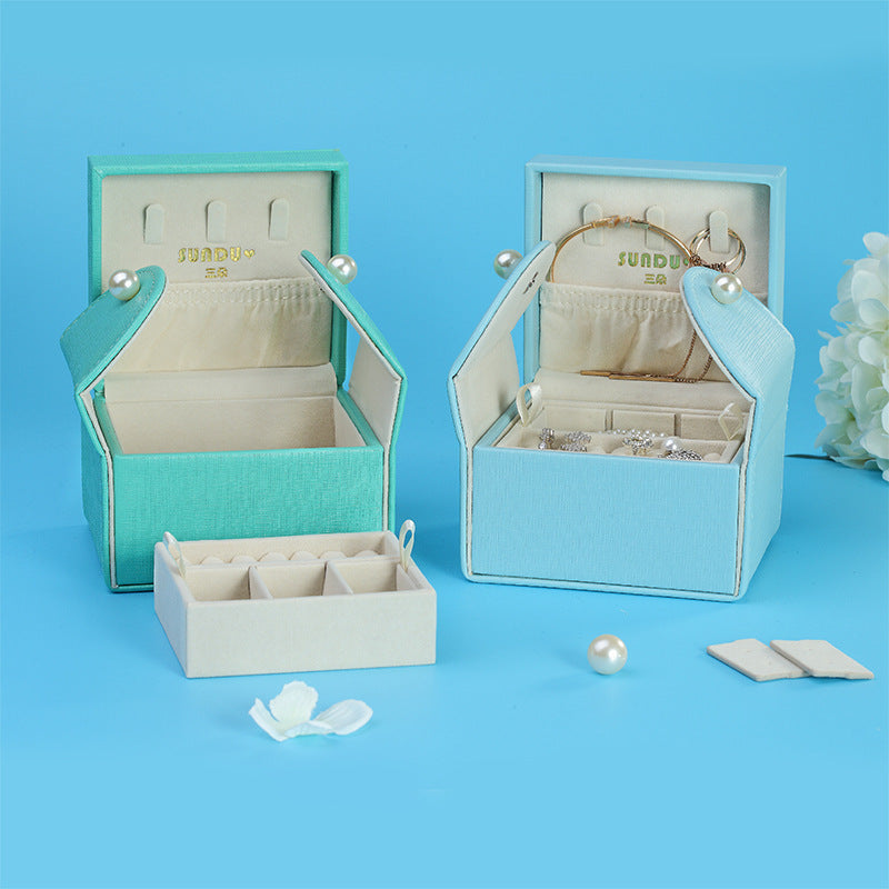 Double-layer Mini stud earrings rings Jewelry Box Useful Makeup Organizer Travel Portable Jewelry PU Box