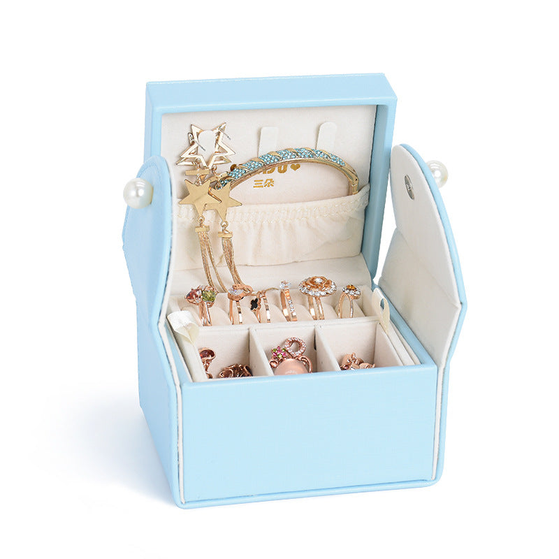 Double-layer Mini stud earrings rings Jewelry Box Useful Makeup Organizer Travel Portable Jewelry PU Box