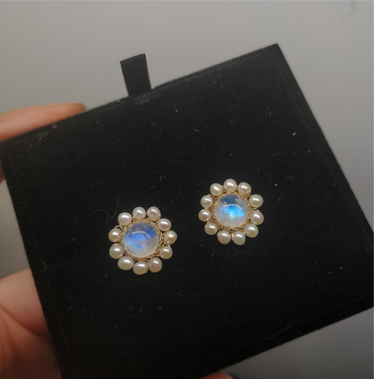 Natural Moonstone Stud Earrings with Freshwater Pearl Surrounds in 14K Gold Over Sterling Silver Pin
