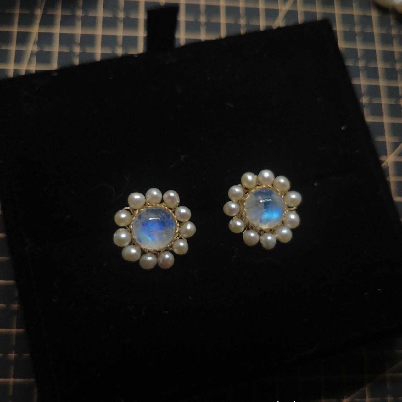 Natural Moonstone Stud Earrings with Freshwater Pearl Surrounds in 14K Gold Over Sterling Silver Pin