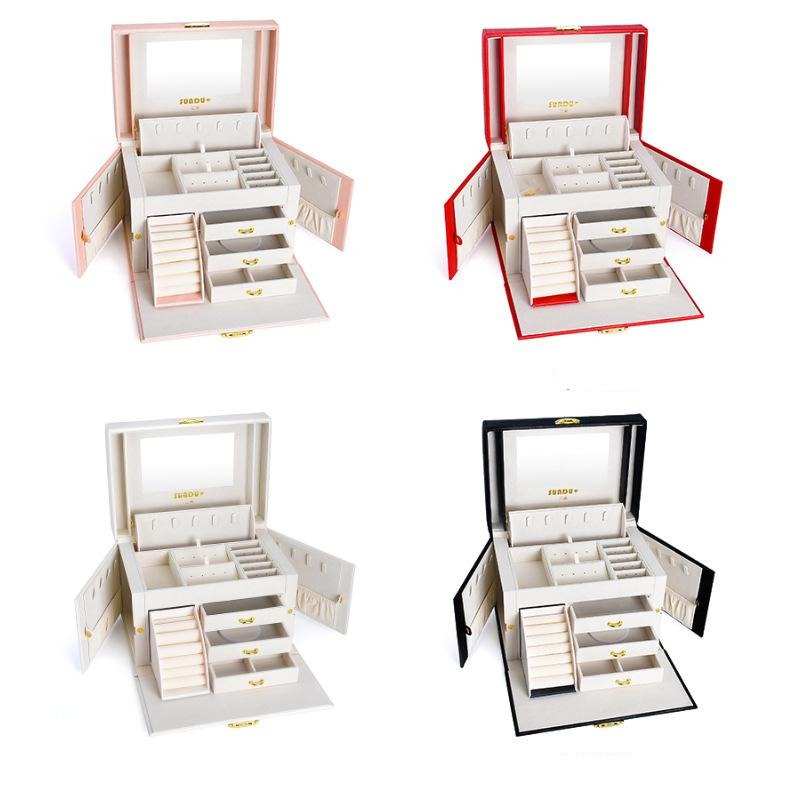 Double-layer Mini stud earrings rings Jewelry Box Useful Makeup Organizer Travel Portable Jewelry PU Box