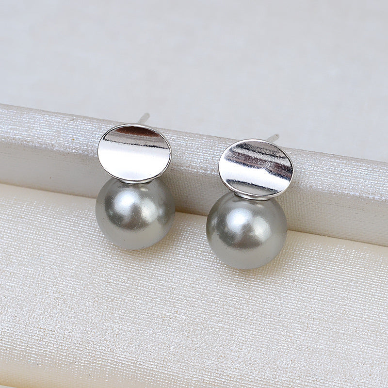 Aretes de perlas redondas geométricas para mujer en pasador plateado de oro de 14 quilates (14 mm)