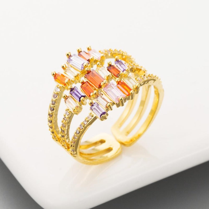 14K Gold Plated Rainbow Open Ring | Multi Layer Crystal Ring | Fashion Diamond Adjustable Ring