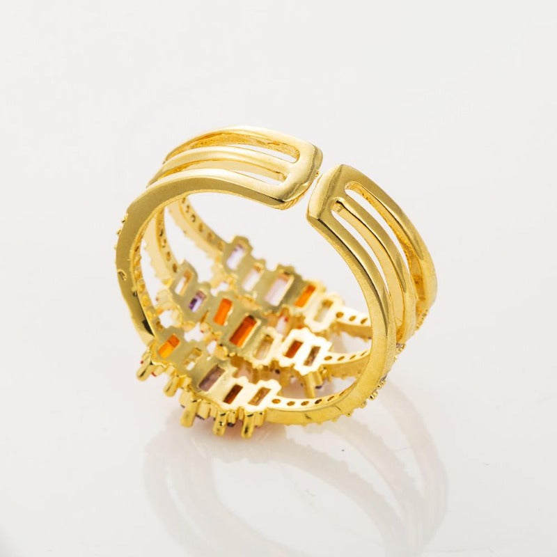 14K Gold Plated Rainbow Open Ring | Multi Layer Crystal Ring | Fashion Diamond Adjustable Ring
