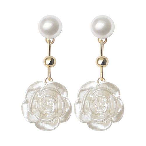 White Camellia Earrings | Pearl Dangle Earrings | Pearl Flower Earrings with Allergy-free Pins