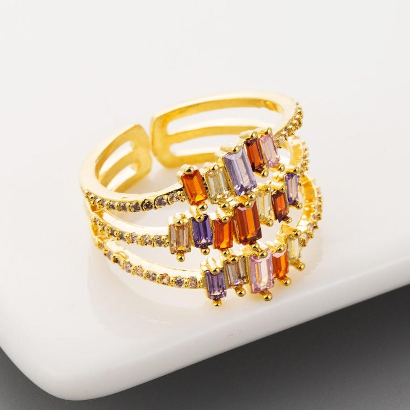 14K Gold Plated Rainbow Open Ring | Multi Layer Crystal Ring | Fashion Diamond Adjustable Ring