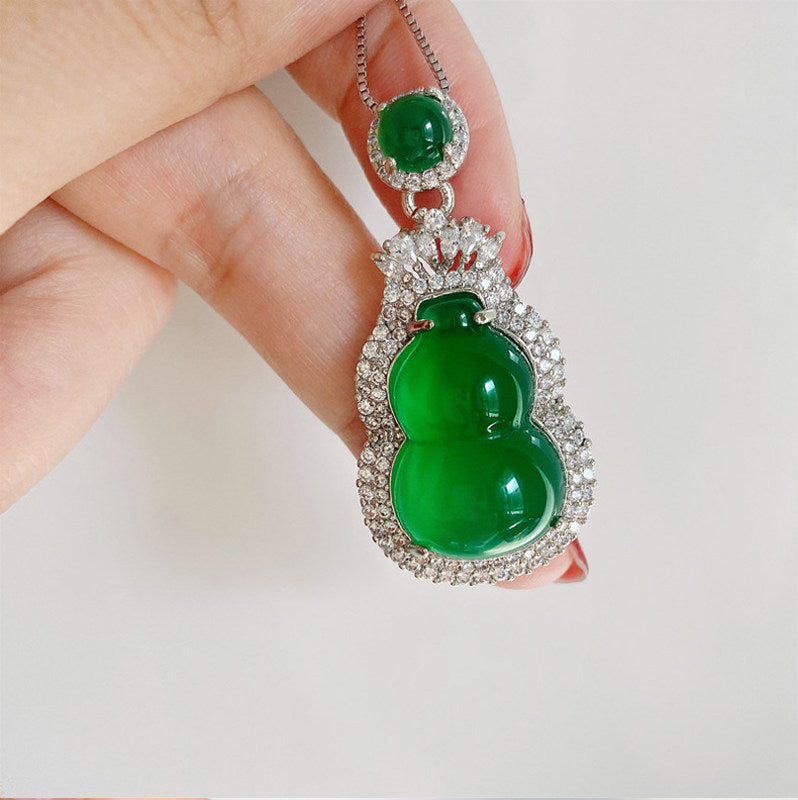 Green Gourd Jade Necklace | Jade Surrounded by Crystal Pendant Necklace | Silver Chain with Circle Nephrite