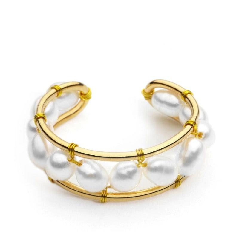 7-8mm Freshwater Pearl Ring 14K Gold Plated Open Ring with Real Pearl