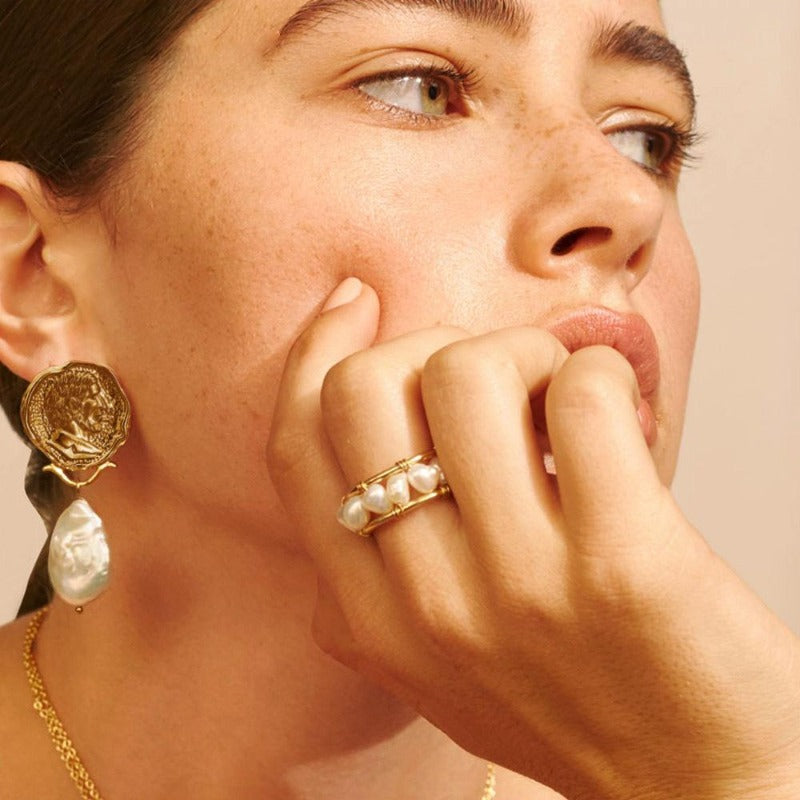 7-8mm Freshwater Pearl Ring 14K Gold Plated Open Ring with Real Pearl