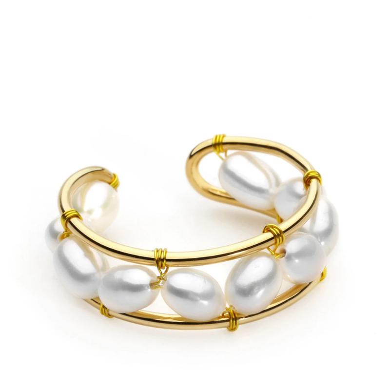 7-8mm Freshwater Pearl Ring 14K Gold Plated Open Ring with Real Pearl