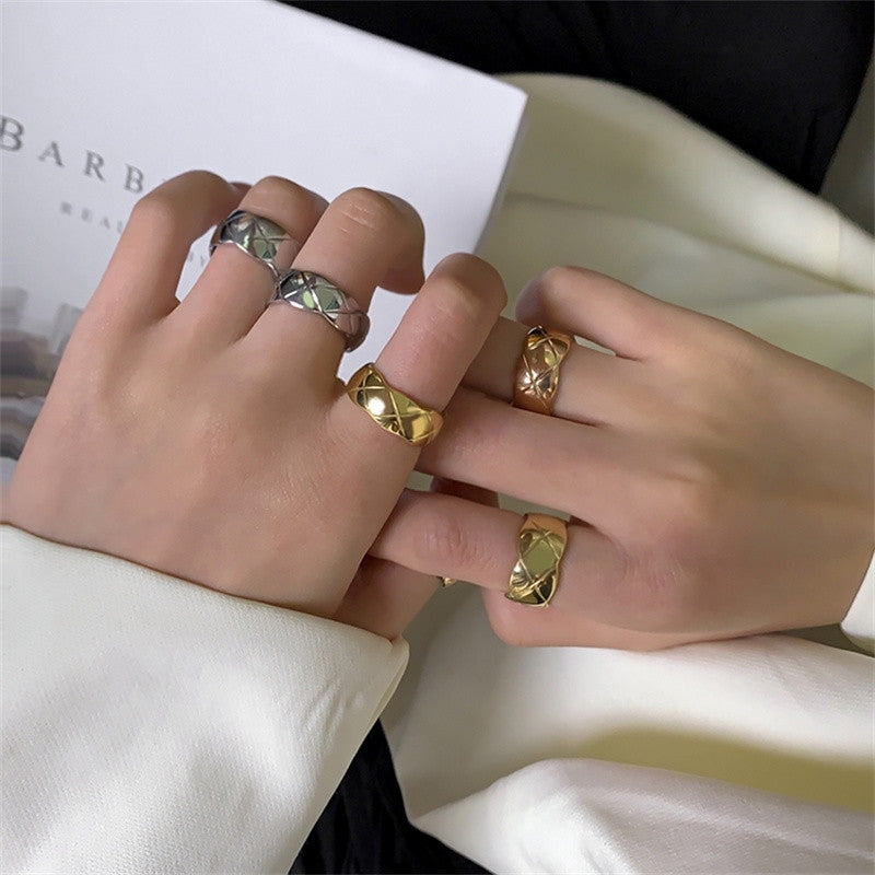 Wide Band Rings | Sterling Silver Ring with X Pattern | Wide Band Diamond Gold Ring for Women and Men