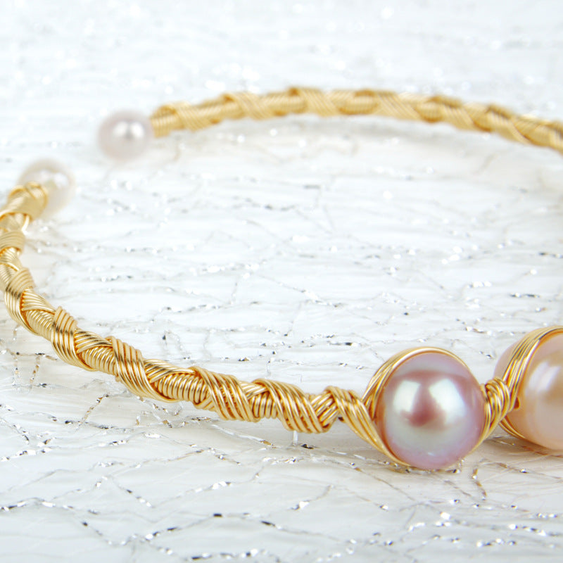 Cultured Freshwater Pearl Bangle Bracelet in 14k Gold Over Sterling Silver 7