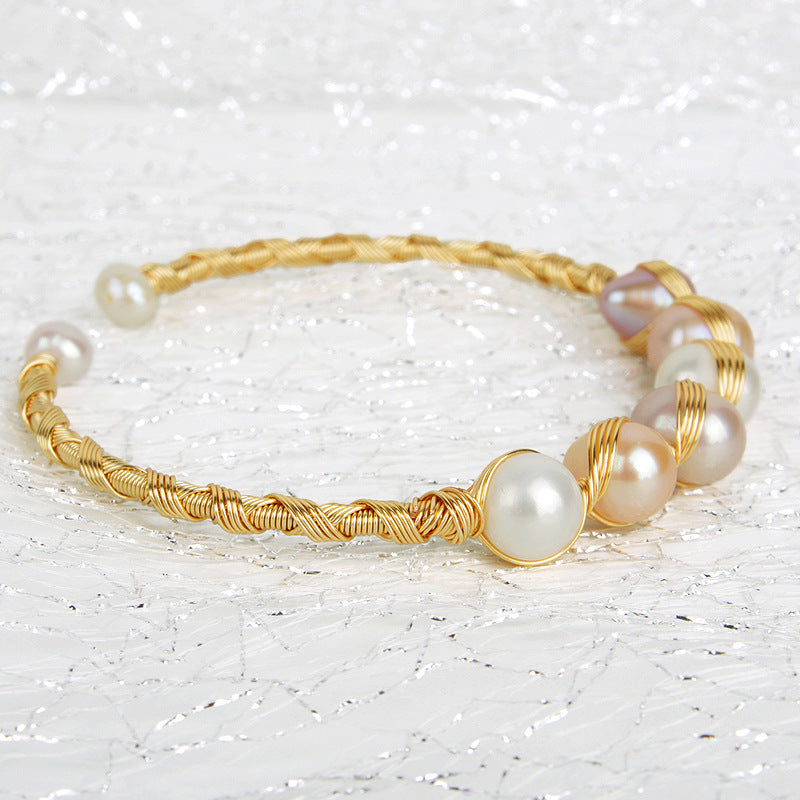 Cultured Freshwater Pearl Bangle Bracelet in 14k Gold Over Sterling Silver 7