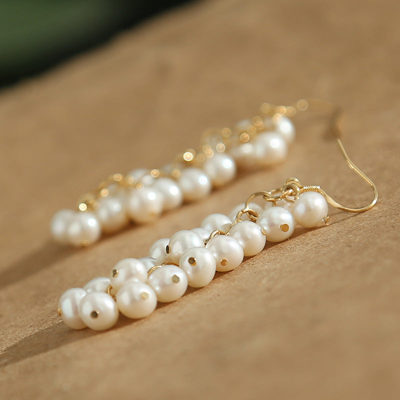 Freshwater Cultured Pearl Dangling Earrings Multi Strand Long Pearl Earrings in 14K Gold Over Sterling Silver Clasp