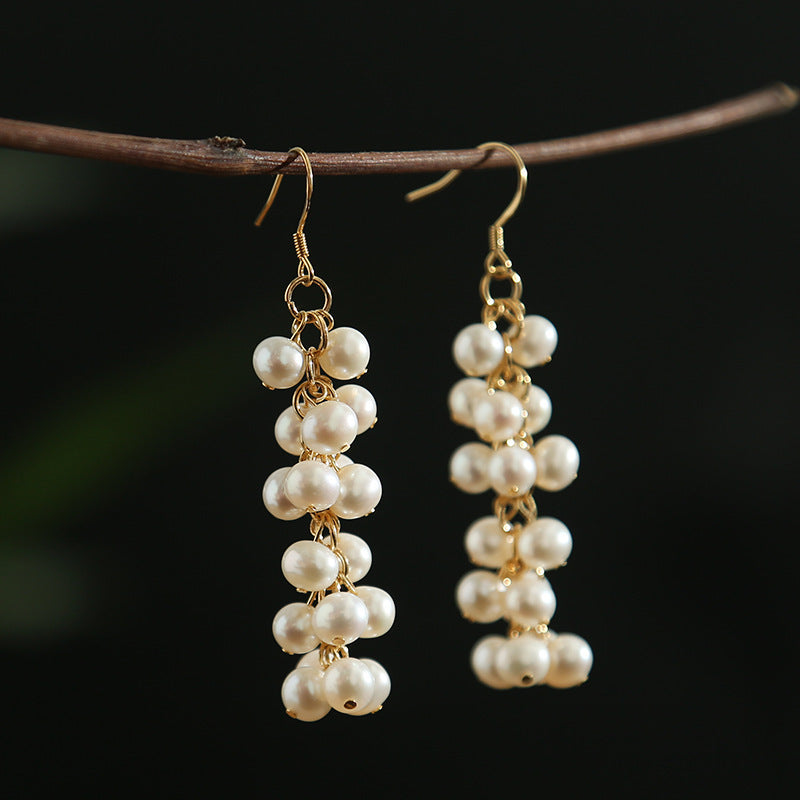 Freshwater Cultured Pearl Dangling Earrings Multi Strand Long Pearl Earrings in 14K Gold Over Sterling Silver Clasp